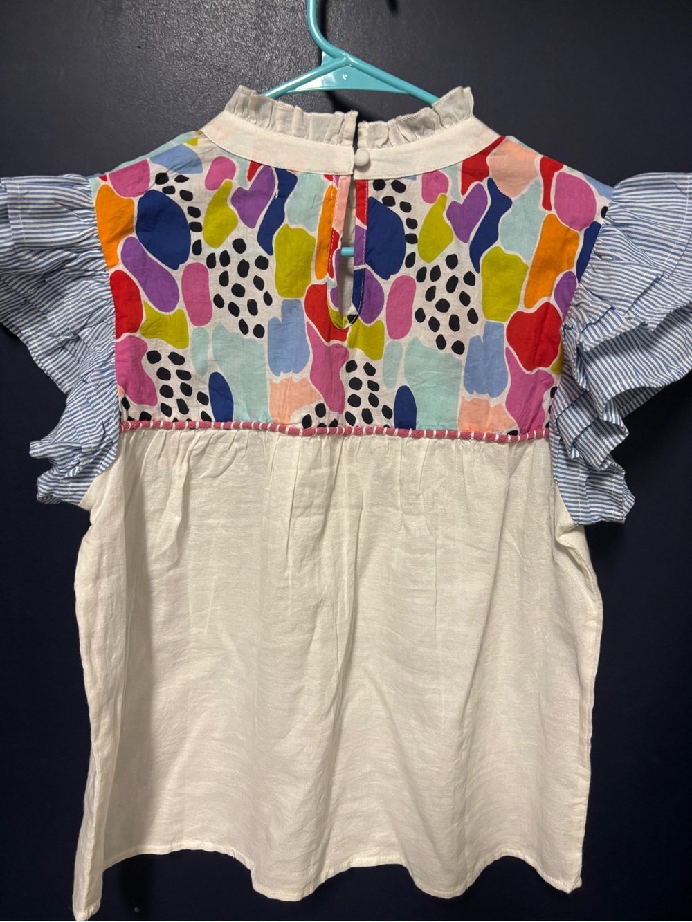 THML White Linen Top with Multicolor Printed Yoke and Blue Stripe Sleeves - Picture 2 of 4